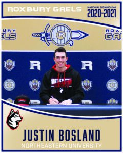 Justin Bosland with his parents Joyce and Bruce on National Signing Day 2020